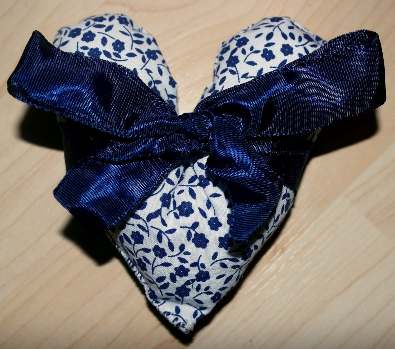 Cute Little Plush Decorative Ornament Heart with Blue and White Flower Pattern with Blue Ribbon Bow around