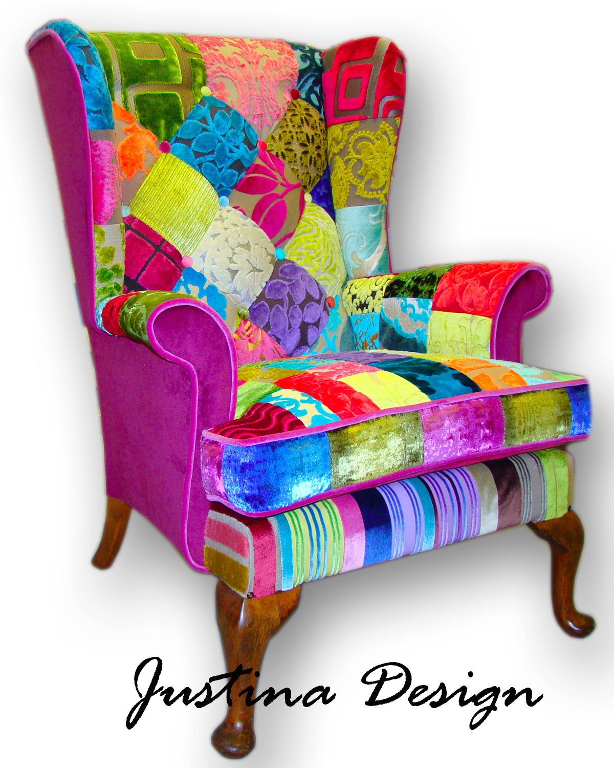 Patchwork wing back armchair in Designers Guild velvets and plain sides