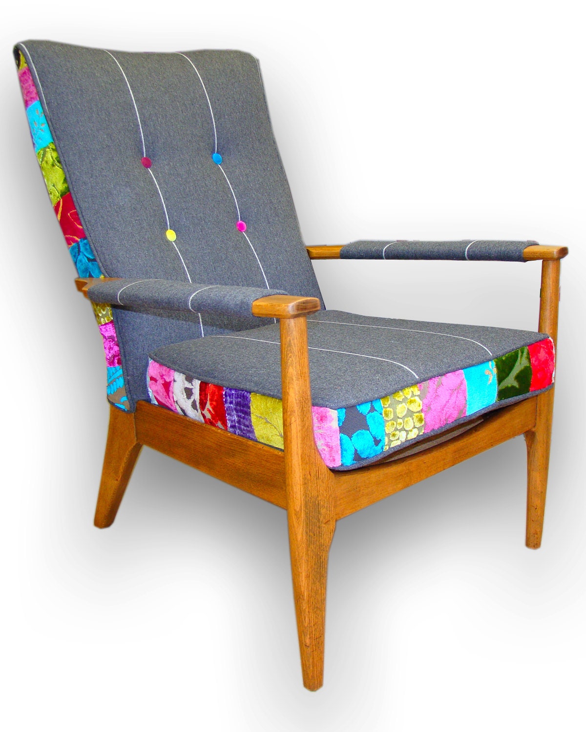 Patchwork wooden armchair in Designers Guild velvets and wool.
