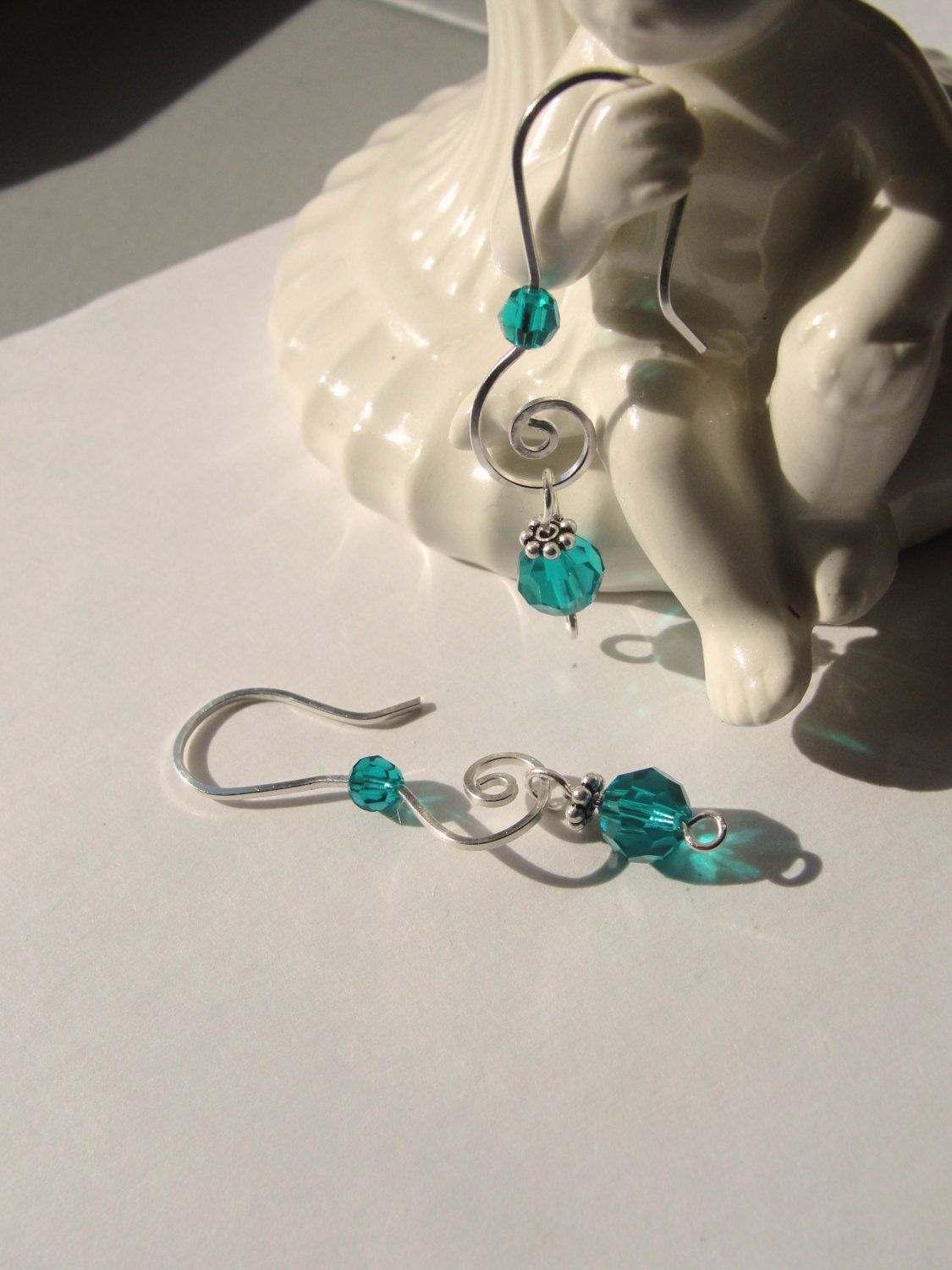 Aqua Blue Earrings Sterling Silver Hand Wrapped Spiral Swarovski Crystals Blue Zircon Artisan Jewelry
