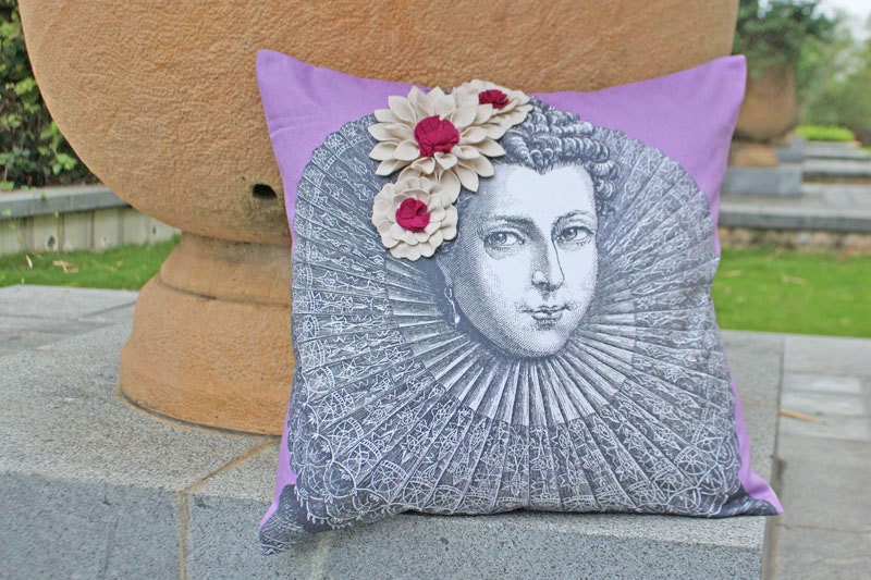 Woolen Felt Flower On Printed Cotton Pillow , Woman Face Decorative Throw Pillow 18x18"
