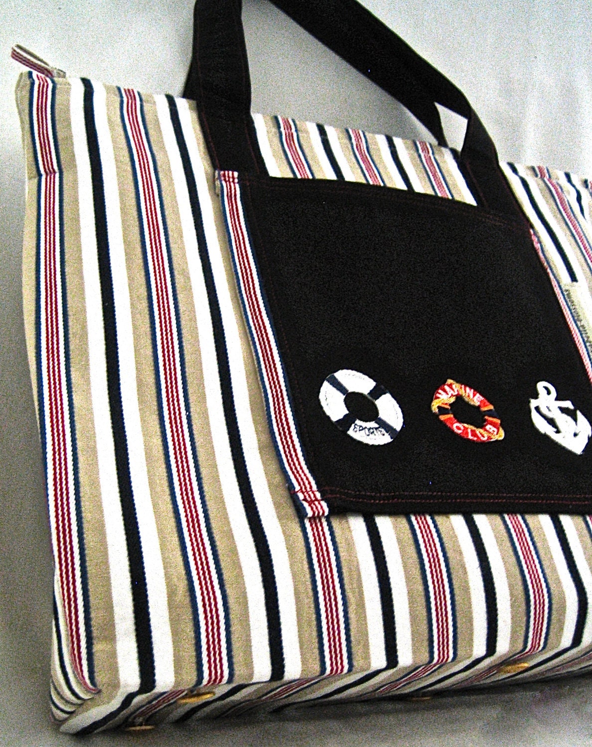 Handmade Fabric Bag, Medium Zipper Tote Nautical Stripe, Shopping Bag, Handbag, BeachTote