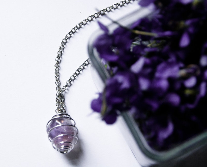 Lilac chevron amethyst  Necklace, very delicate color, wrapped with a solver tone wire, adjustable metal silver tone chain - handmade