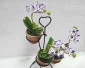 Lot 3 Artificial orchid clay flower dollhouse miniature on heart shape curved steel