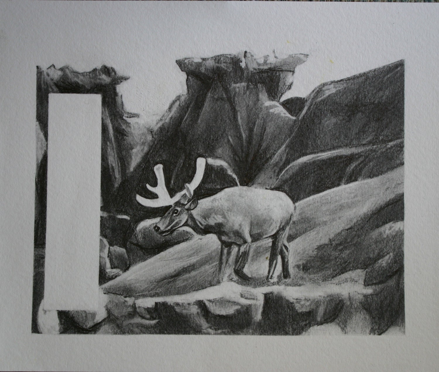 Original Pencil graphite drawing of Stag Elk in Desert Landscape