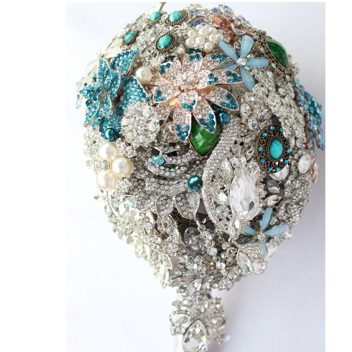 Tiffany Blue Wedding Style Bridal Flower Wedding Jewelry Brooch Bouquet Bling Drop Crystal Silk Flower Pearl Rhinestone made 9 Inch -27