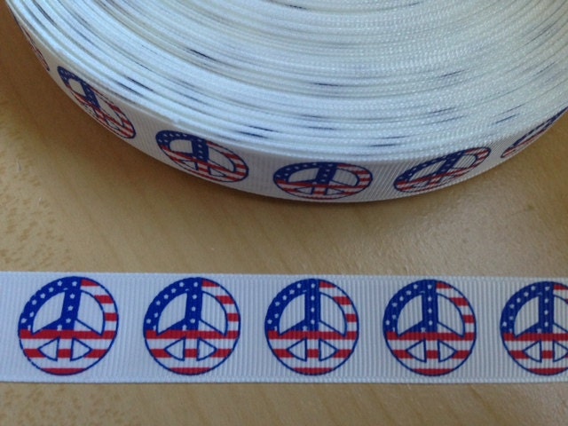2 yards USA peace sign flag grosgrain ribbon 7/8" BTY - patriotic Memorial Day 4th of July - BTY for bow