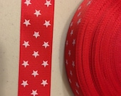 2 yd white small stars red grosgrain ribbon 7/8" bty bow sports team cheer - patriotic USA flag wonder woman