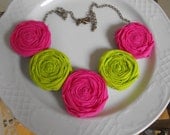 Rosette Necklace, Fuchsia Necklace, Light Green Rosette Necklace, Statement Necklace, Handmade Necklace, Wedding Jewelry