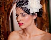 Wedding Feather Headpiece - Bridal Champagne Hair Piece- Vintage Bridal Fascinator- Birdcage Veil