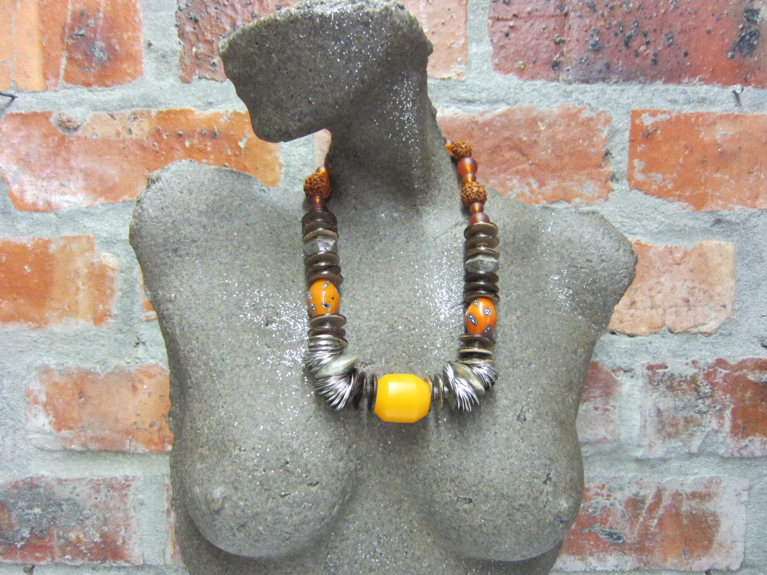 African Beaded Necklace, Ethnic Resin Beads, Ceramic Beads, Recycled Glass Beads, Wooden Beads, Seed Beads. Aged Metallized Beads.