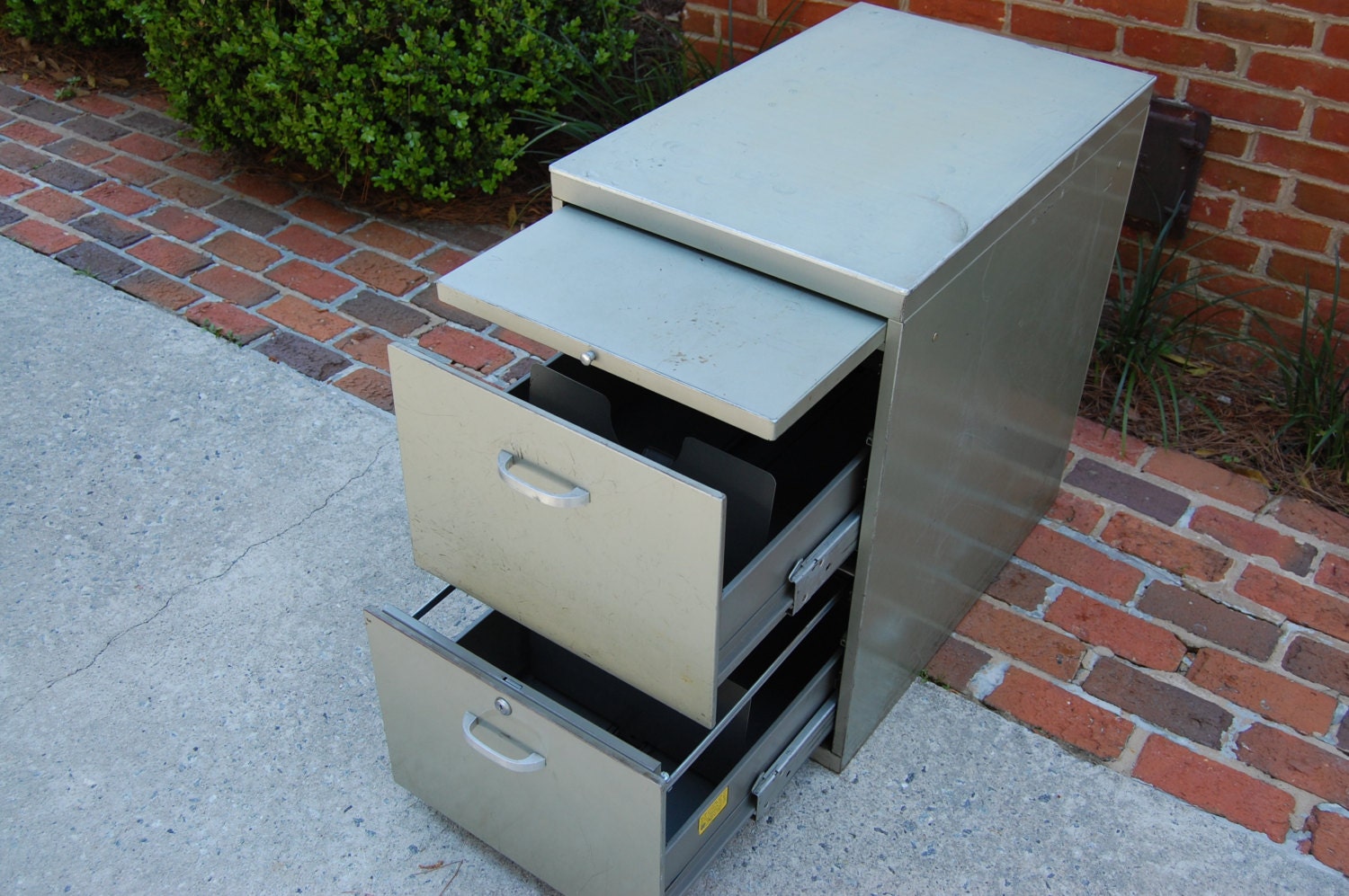 Vintage Industrial Metal Steel Two Drawer Filing Metal Storage Cabinet Office Furniture Pull Out Writing Table Tanker Style