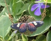 Butterfly Necklace, Black and Rust Butterfly on Brass Filagree Disc with Vintage Brass Chain, OOAK, great for nature lovers