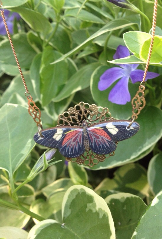 Butterfly Necklace, Black and Rust Butterfly on Brass Filagree Disc with Vintage Brass Chain, OOAK, great for nature lovers