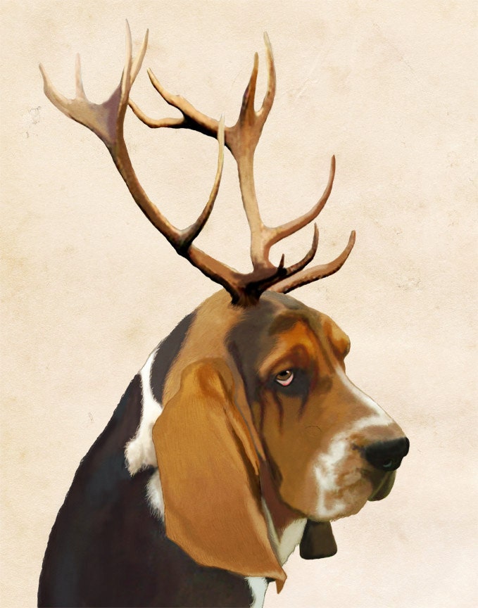 Basset Hound Antlers 14x11 Original Illustration Art Print Mixed Media Painting Animal Painting Wall Decor Wall hanging Wall Art
