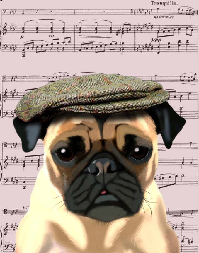 Pug Dog in Flat Cap 8X10 Digital Illustration Drawing Poster Digital Print Wall Art Wall Décor Wall Hanging Dog Print Animal Painting