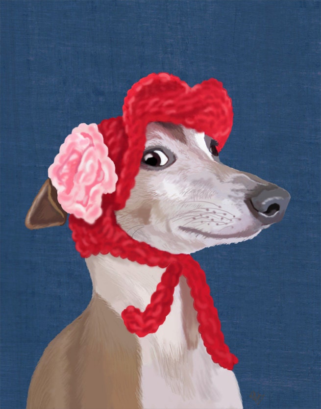 14x11 Italian Greyhound with Red Woolly Hat Digital Illustration Drawing Poster Digital Print Wall Art Wall Décor Wall Hanging dog print