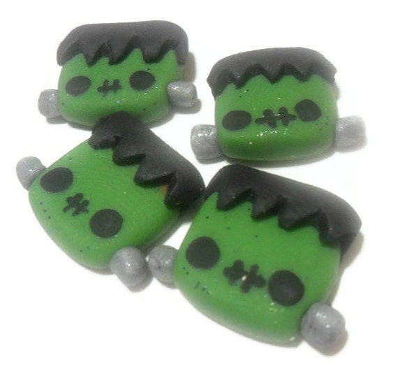 Kawaii Halloween Clay Hair Bow Centers Kawaii Frankenstein Handmade Cabochon Embellishments for DIY Scrapbook Deco Den and More (4pcs )