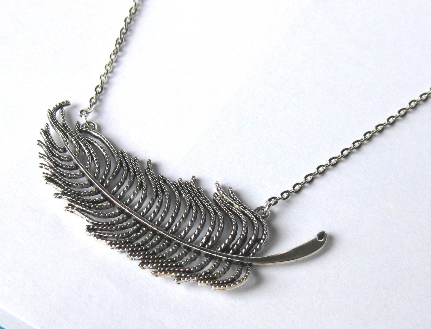 Large feather necklace, silver feather pendant, feather jewelry, simple necklace, handmade jewelry