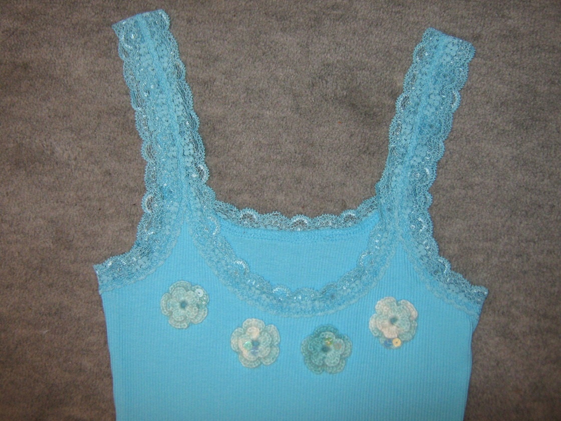 Ladies Cotton, Singlet, Tank, Top, with Crochet, Flower Appliques