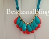 Aqua and Coral "Anthropologie Inspired" double layer teardrop necklace with Aqua Tie