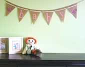 Baby Girl Burlap and Lace Banner- burlap and lace banner - glitter hearts - pink lettering- white lettering - photography prop