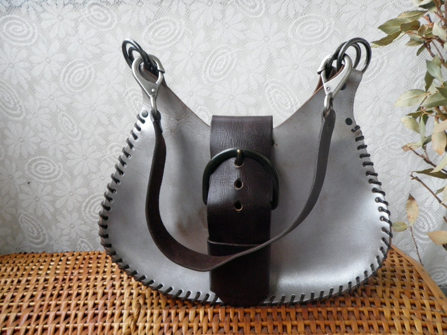 Vintage 1970's Lady's Two Tone Gray and Brown Leather Medium Size Studded Bag Purse With Shoulder Strap