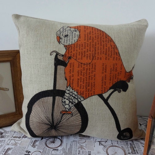 18" Owl on the Bike Bicycle Design Cushion Cover Pillow Case