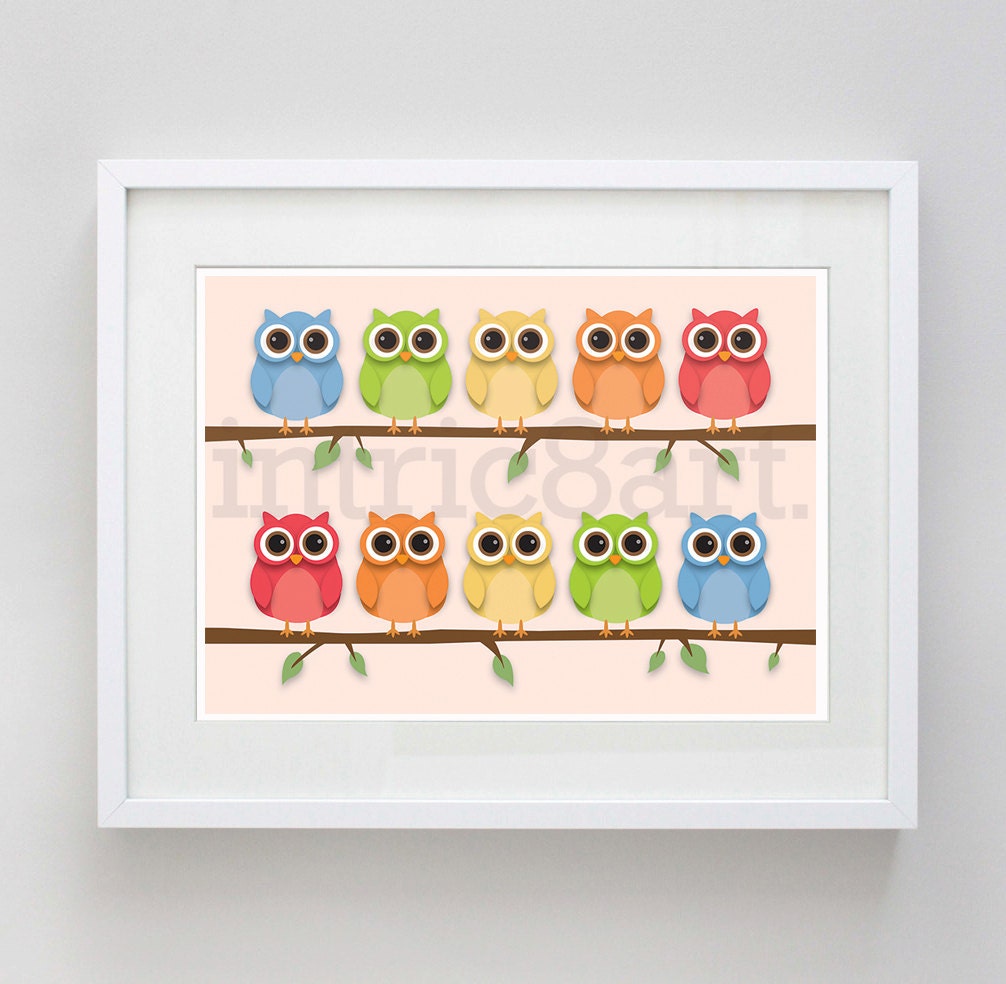 Cute Rainbow Owls on branches 5 x 7 print