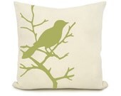 Pistachio green  bird design print  pillow, on a bright crème background  Cushion cover 18x18 Home Decor,  Decorative animal print pillow.
