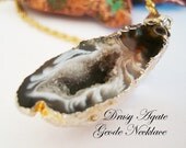 Drusy Agate Geode Necklace Jewelry, Crystal Cavern, Polished Rock Agate, Gold Dipped Outer Shell, USA Handmade