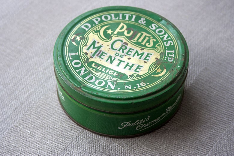 Old green metal tin - Politis Creme de menthe