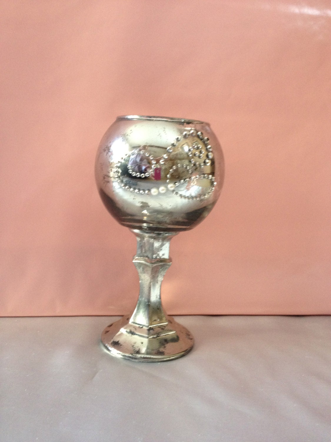 Beautiful Modern Chic Mercury Glass Votive Candle Holder Globe embellished with Rhinestone Crystals.  Modern Look with a touch of Vintage.