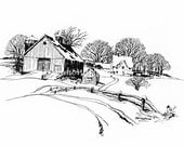 barn and house in snow on country road pen and ink in black and white 5x7
