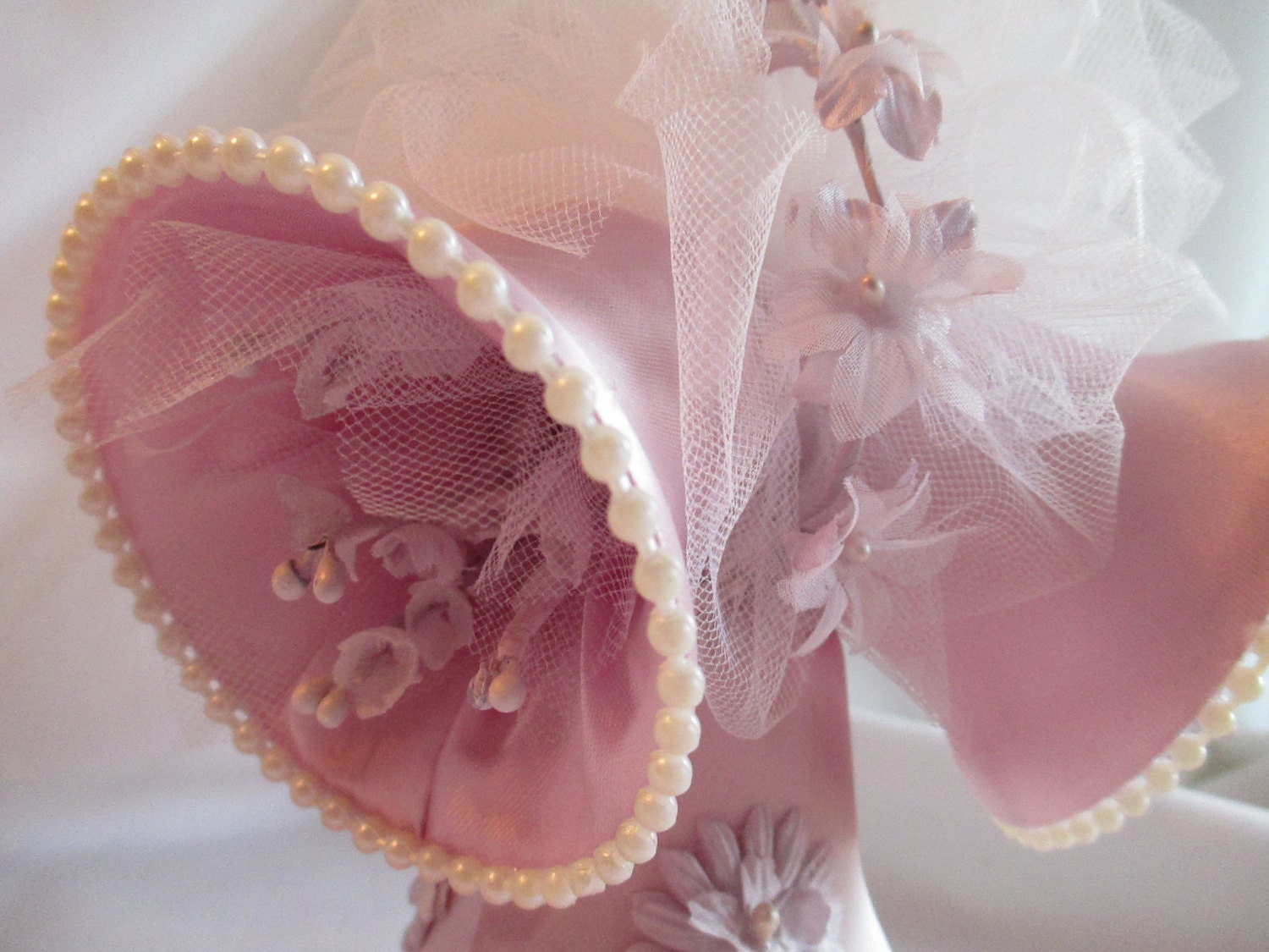 1960's Purple Wedding Bells Cake Topper Pearl Trim Tulle Lilac Lavender