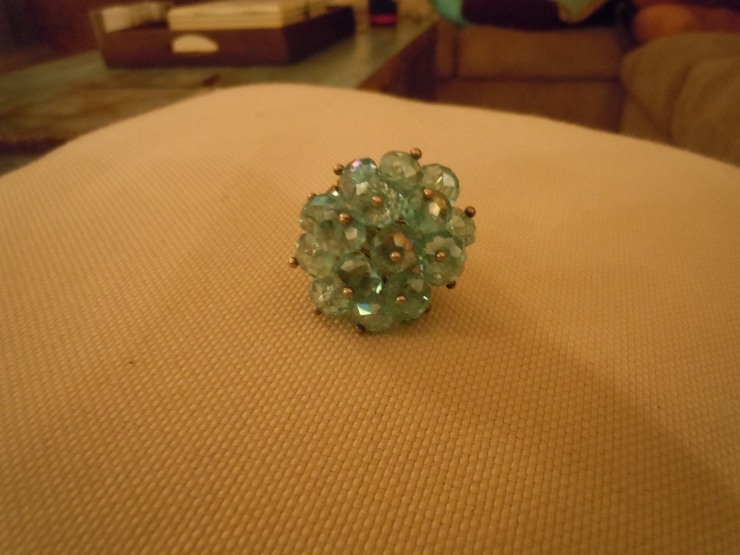 Pale turquoise vintage crystal beaded ring