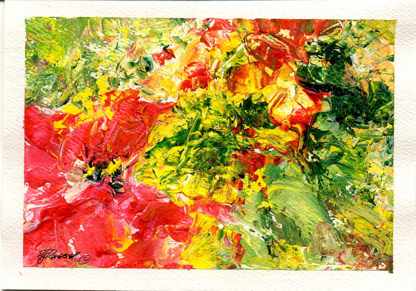 Bright Abstract Painting Red Yellow Floral 4 x 6 Small Art Gift Colorful Original Texture on Watercolor Paper by K. Joann Russell