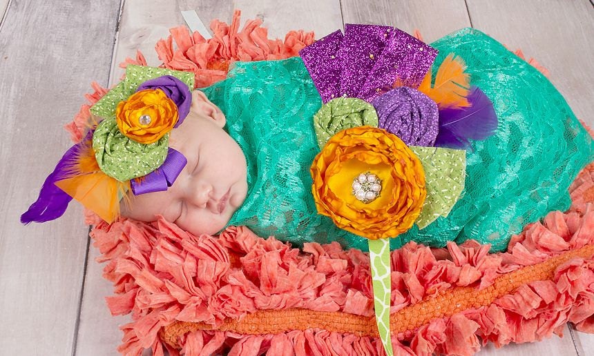 Orange satin singed flower handmade green and purple rosettes on a green headband newborn photography prop maternity photos
