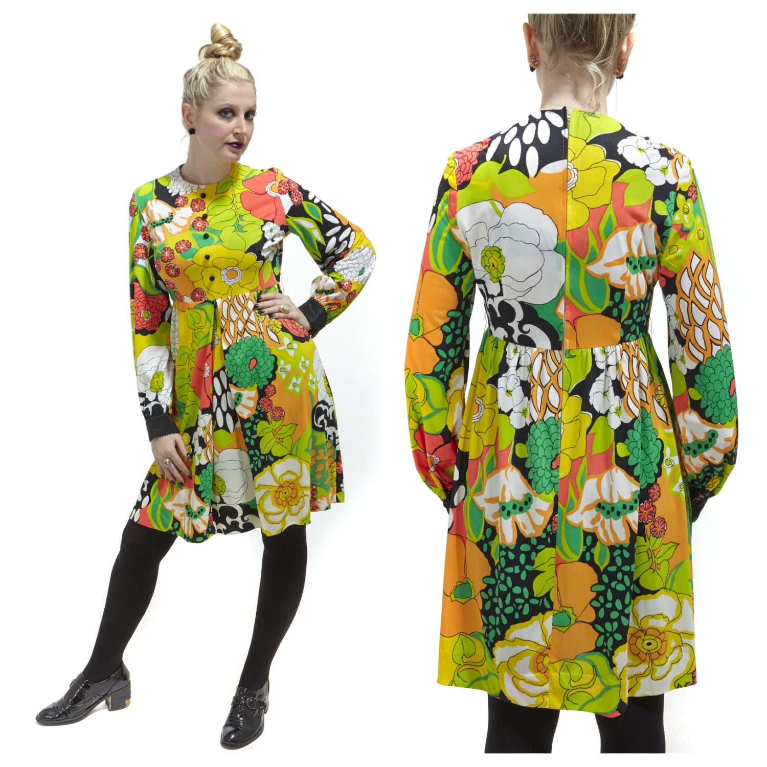 Vintage 60s 70s Mod Boho Floral Babydoll empire Swing DOLLY hippie RETRO Scarf Print  PSYCHEDELIC  bobble button Dress