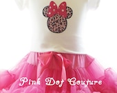 Pink Cheetah Minnie Mouse Shirt and Skirt Set with Matching Hair Bow Headband