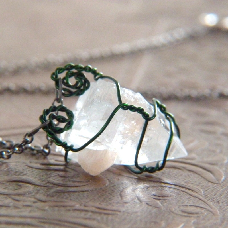 Apophylite Point Wire Wrapped Pendant Necklace - Green and White Wire Wrap Jewelry