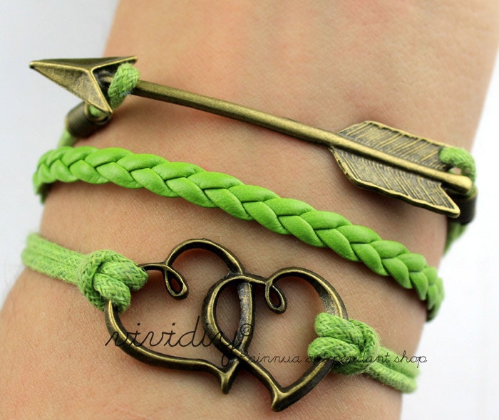 Arrow bracelet-Heart Mutual affinity bracelet-Green wax rope leather braid handmade jewelry Personalized bangle boy friend gift