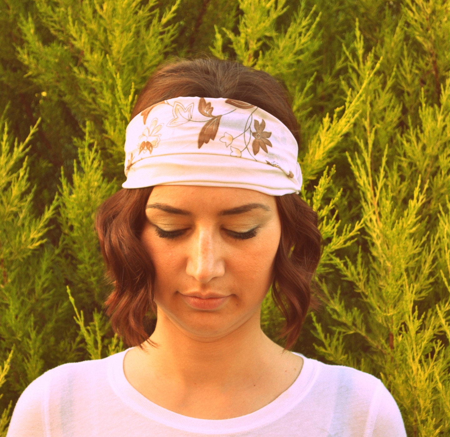Floral ivory headband - Bohemian hippie style cotton hippy headband - elastic back hair wrap - boho brown ivory headband