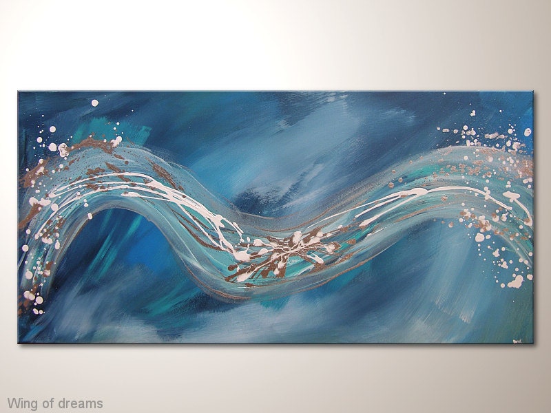 Unique modern art painting: "wings of dreams" - abstract artwork -contemporary wall decoration - acrylics - design - silver- home-decor-blue