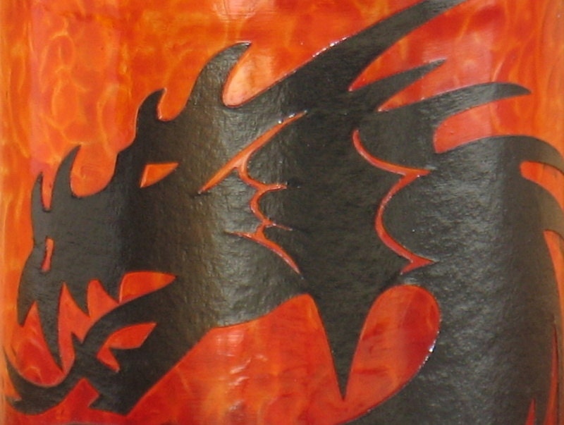 Set of 3 hand cut dragon papercut silhouette hand painted orange glass lantern, storage jar, candle or tealight holder, vase, coin jar