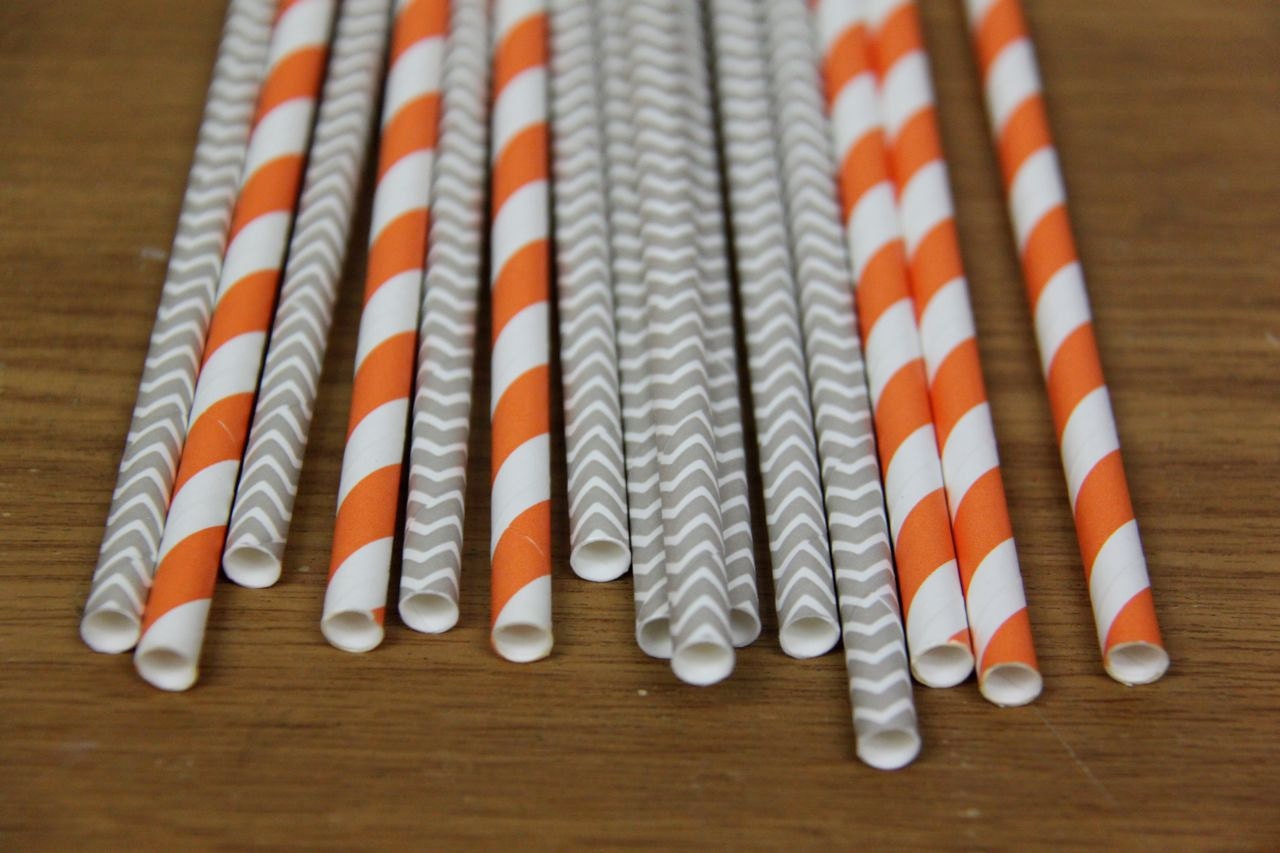 Grand Opening SALE - 50 light grey chevron & orange striped paper straw assortment - Loollipop Grand Opening SALE - 50 light grey chevron & orange striped paper straw assortment - Loollipop