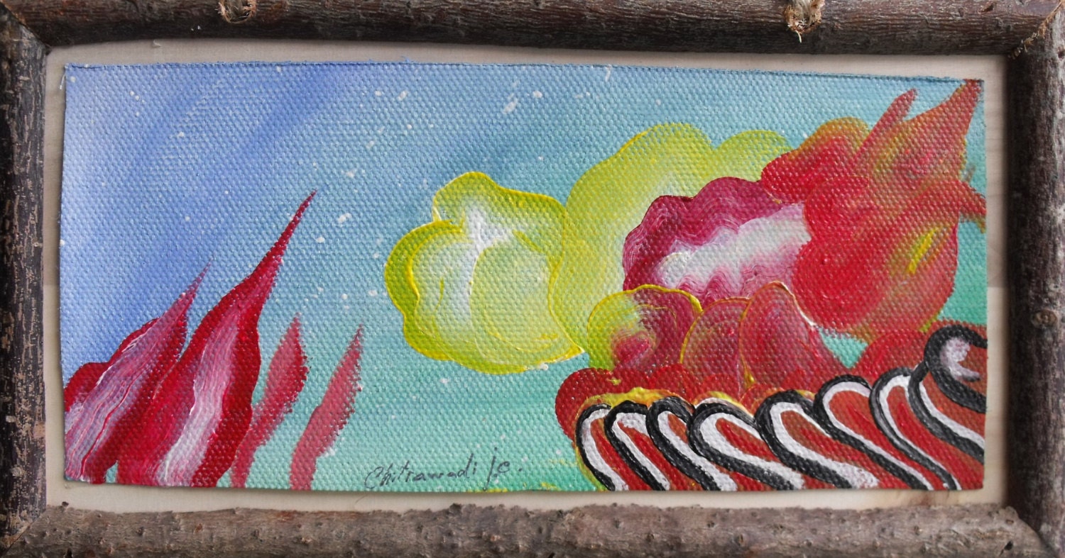 Abstract Original Acrylic Painting Signed Frame Natural Wood