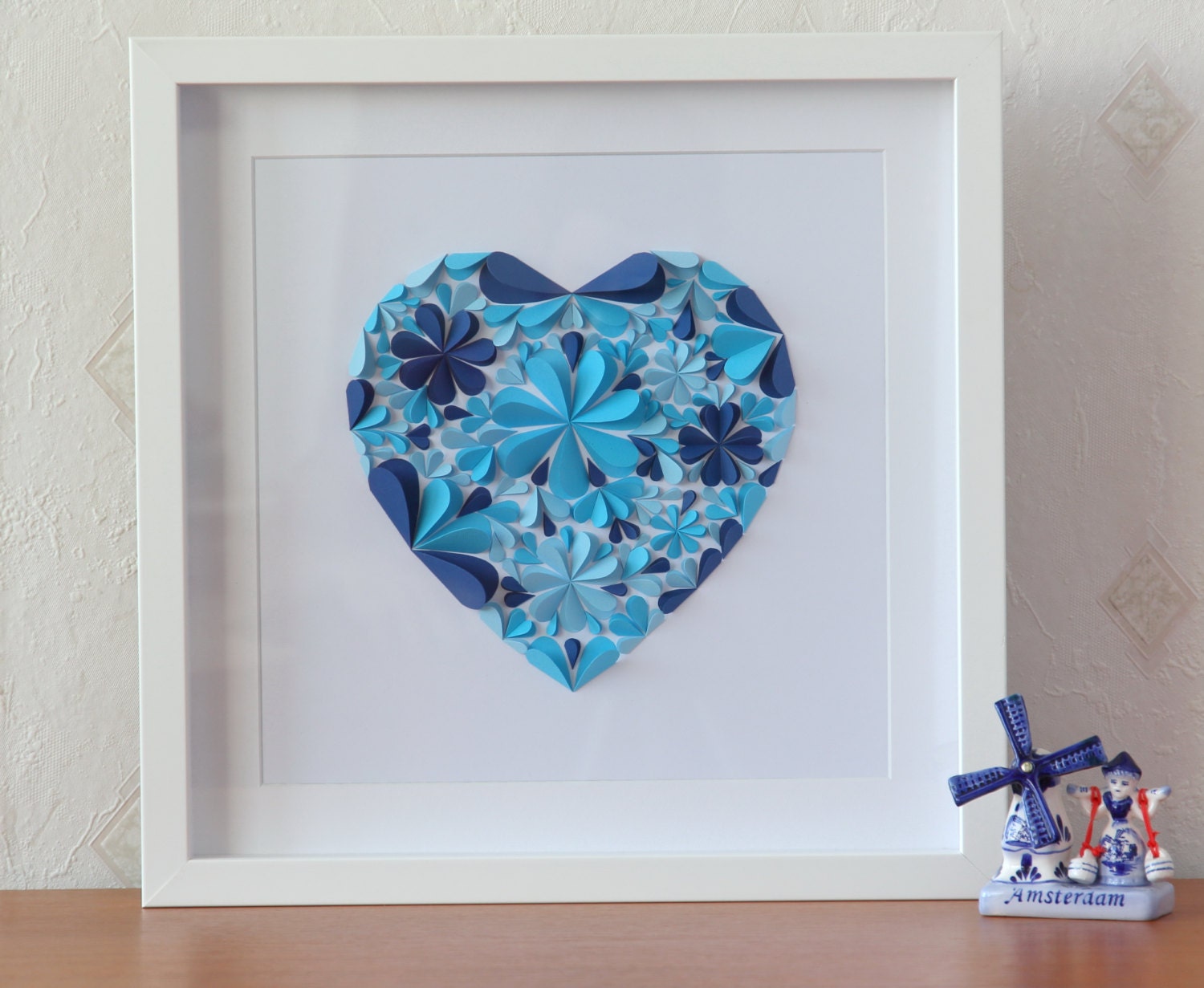 White Box Frame Handmade 3D Art Blossom Flowers Heart Handcut Paper Blue Wall Decoration Deco Gift Birthday Wedding Anniversary Spring