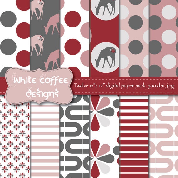 INSTANT DOWNLOAD - Digital Paper Pack - Personal and Commercial Use - DPP0017 woodland and deer in red, pink, white and gray