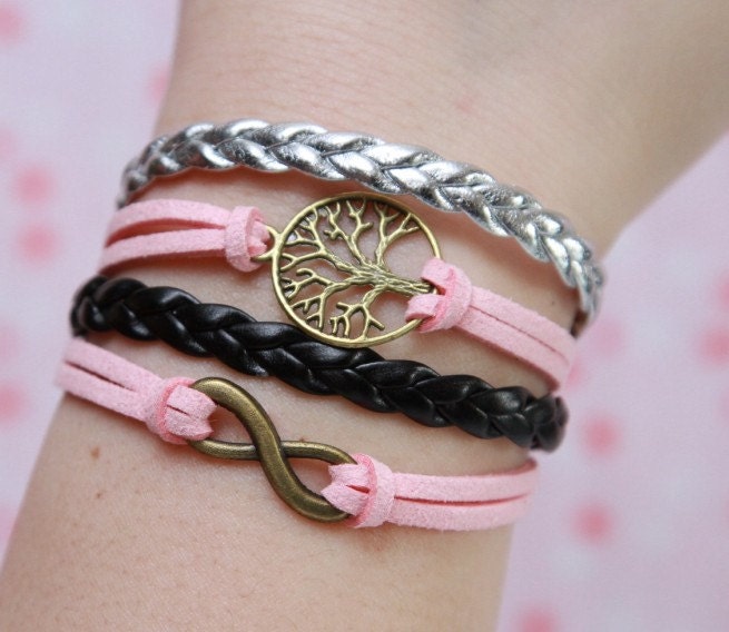 Karma Bracelet, Wish Tree Bracelet - Bronze Charm Bracelet, Pink Balck Flocking Leather Bracelet, Friendship gift